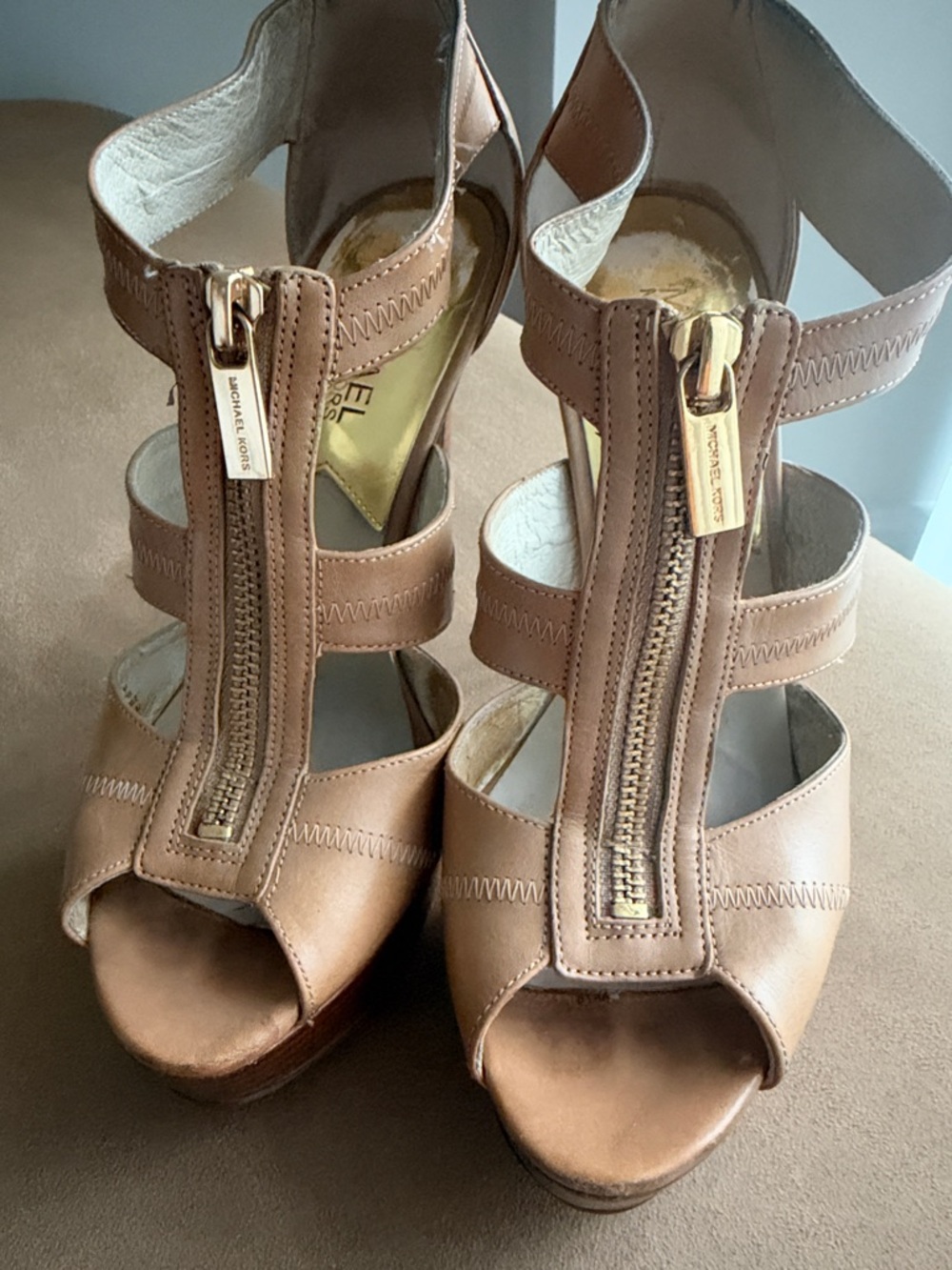 Michael Kors Camel/Tan Leather Front-Zip Strappy Platform Heels